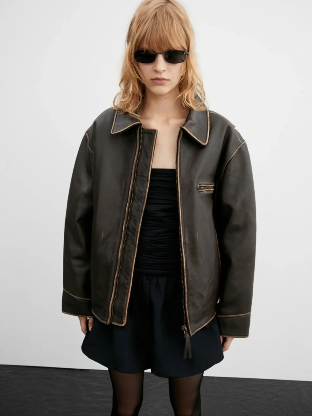 Mango Oversized Worn Effect Leather Jacket Allsaints Zara - Picture 2 of 12